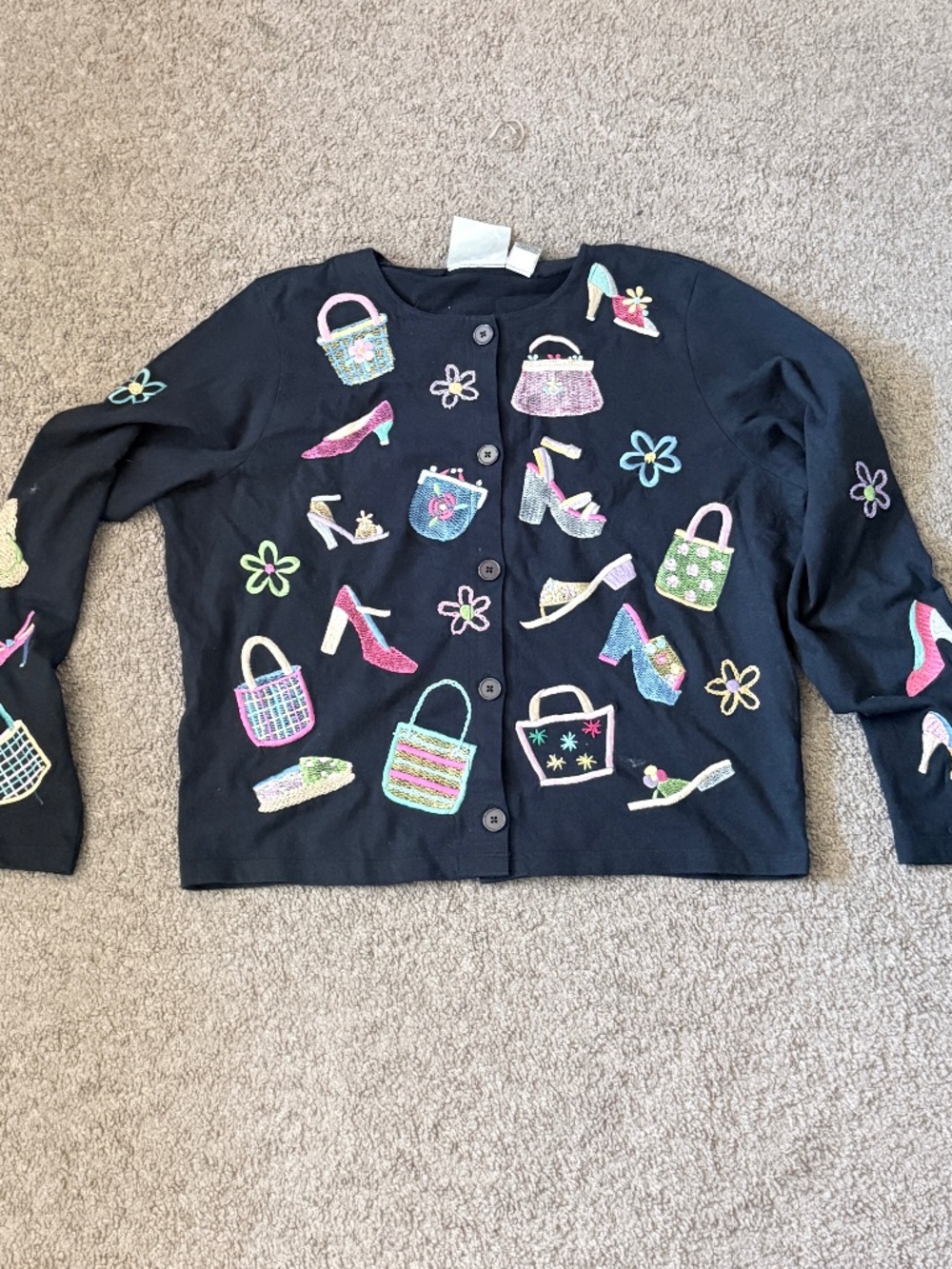 VTG 90s Y2K Simon Black Cardigan Embroidered Bags Shoes Flowers Shopping MEDIUM